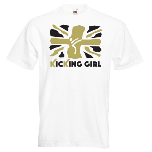 British Kicking Girl 10KG-Gold-and-black-on-white-shirt