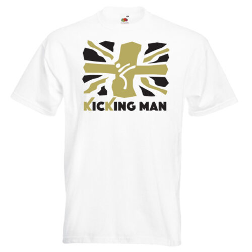 British Kicking Man 10KM-Gold-and-black-on-white-shirt