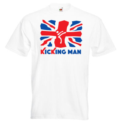 British Kicking Man 10KM-red-and-blue-on-white-shirt