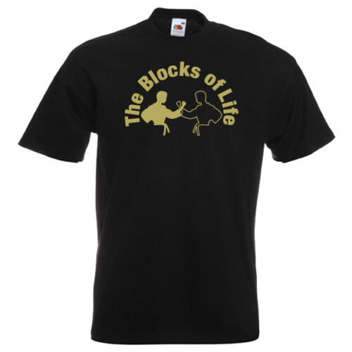 The Blocks of Life Martial Art T-Shirt-8R-gold-on-black-shirt