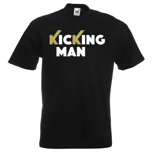 kicking Man 61M-white-and-gold-on-black-Tshirts