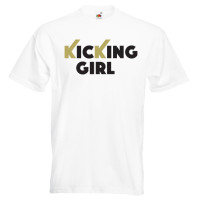kicking girl 61G-black-and-gold-on-white-Tshirts