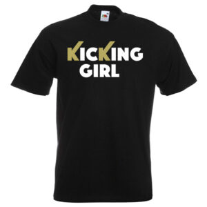 kicking girl 61G-white-and-gold-on-black-Tshirts