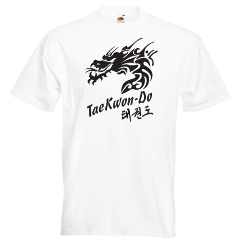Taekwondo Dragon Black Flock printed on White Cotton T-Shirt