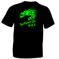 Taekwon-do Dragon T-Shirt Black Cotton T-Shirt Heat Pressed with Fluorescent GREEN Flock Vinyl Ideal for students practicing Martial Arts