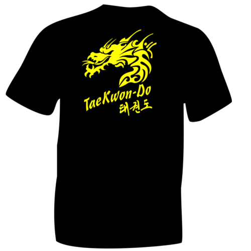 Taekwon-do Dragon T-Shirt Black Cotton T-Shirt Heat Pressed with Fluorescent YELLOW Flock Vinyl Ideal for students practicing Martial Arts