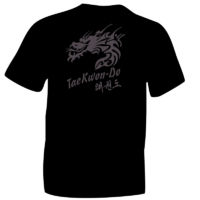 Taekwon-do Grey Dragon T-Shirt, GREY flock on Black Cotton. Ideal for students practicing Taekwon-do in the UK