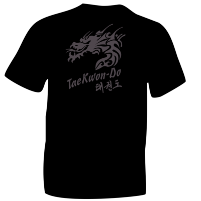 Taekwon-do Grey Dragon T-Shirt, GREY flock on Black Cotton. Ideal for students practicing Taekwon-do in the UK