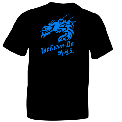 Taekwon-do Blue Dragon T-Shirt, Sky Blue flock on Black Cotton. Ideal for students practicing Taekwon-do in the UK