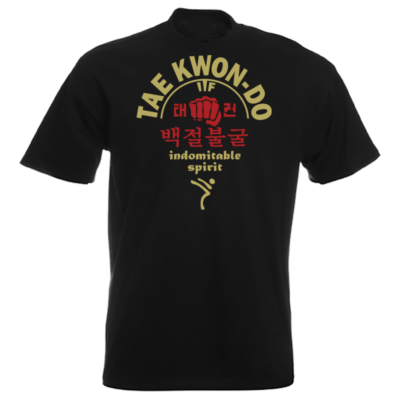 Indomitable Spirit Tshirt ITF Taekwon-do printed Metallic GOLD & RED Vinyl on Black T-shirt. Only from kicking-man.uk