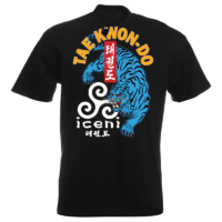 ICENI Taekwondo Blue Tiger print. Large print on Black T-shirt