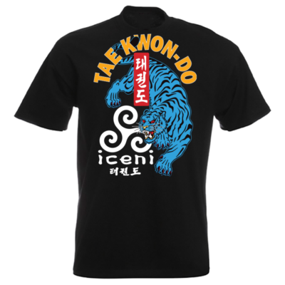 ICENI Taekwondo Blue Tiger print. Large print on Black T-shirt