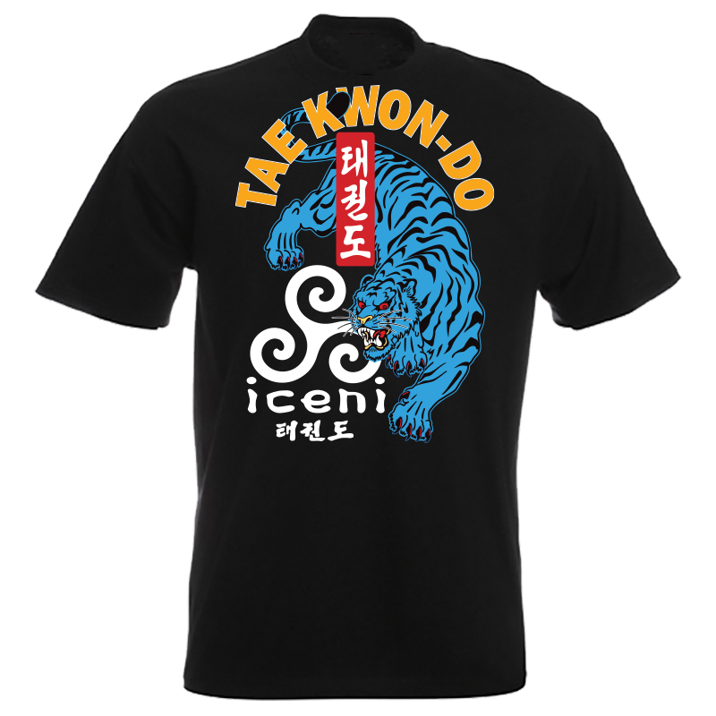 ICENI Taekwon-do Blue Tiger print. Large print on Black T-shirt