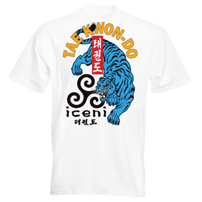 ICENI Taekwondo Blue Tiger print, Large print on White T-shirt