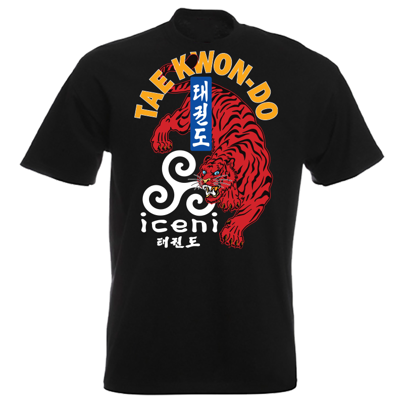 ICENI Taekwon-do Red Tiger print. Large print on Black T-shirt