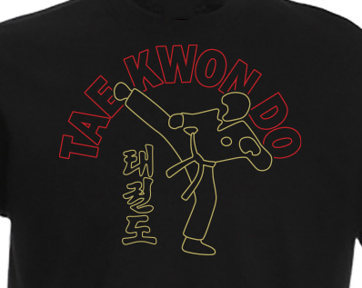 TAE KWON DO kicking-man Metallic Red and Gold on Black T-Shirt