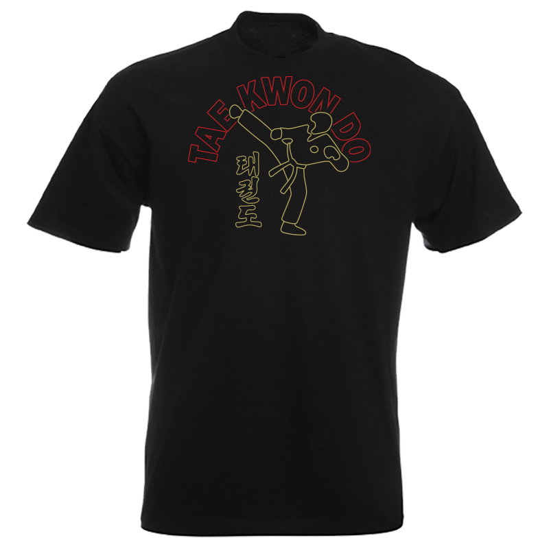 TAE KWON DO T-Shirt kicking-man graphic in Metallic Red and Gold on Black shirt T-Shirt