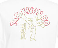 TAE KWON DO T-Shirt striking kicking-man graphic in Metallic Red and Gold on White shirt T-Shirt