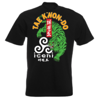 ICENI Taekwon-do Green Tiger. Large print on Black T-shirt, custom drawn and printed by Kicking-man for students of ICENI Taekwon-do club