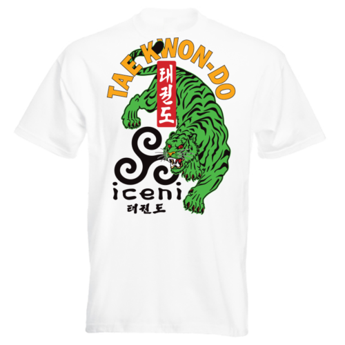 ICENI Taekwondo Green Tiger print. Large print on White T-shirt, custom drawn and printed by Kicking-man for students of ICENI Taekwon-do