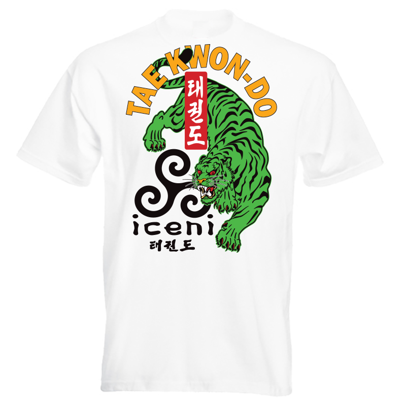 ICENI Taekwondo Green Tiger print. Large print on White T-shirt, custom drawn and printed by Kicking-man for students of ICENI Taekwon-do