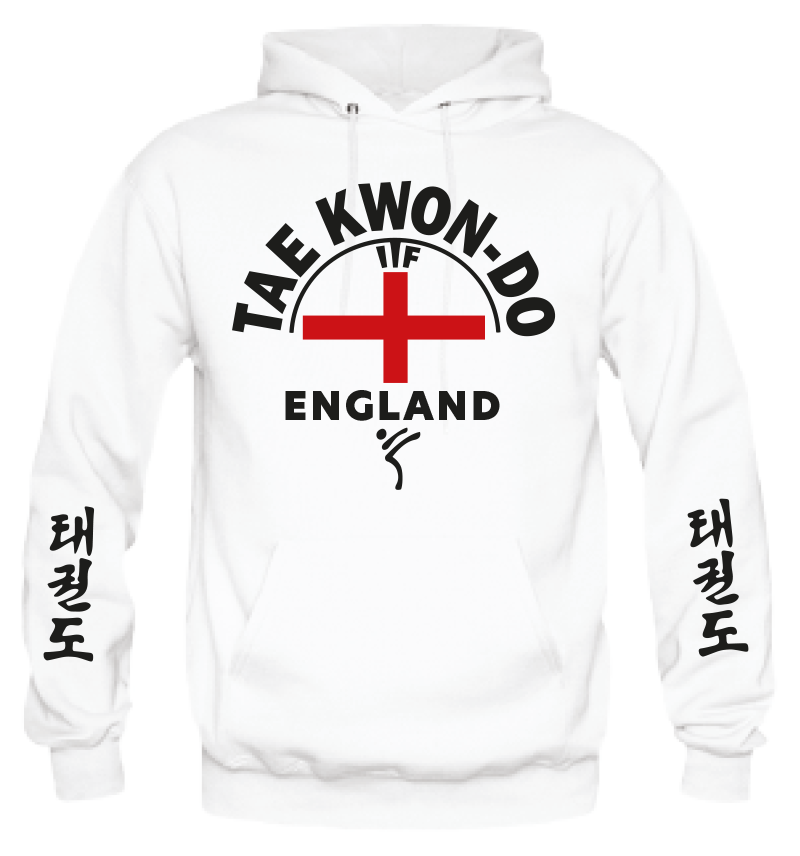 England ITF Taekwondo Hoodie, printed with red and black flock vinyl. Taekwondo symbols on sleeve.