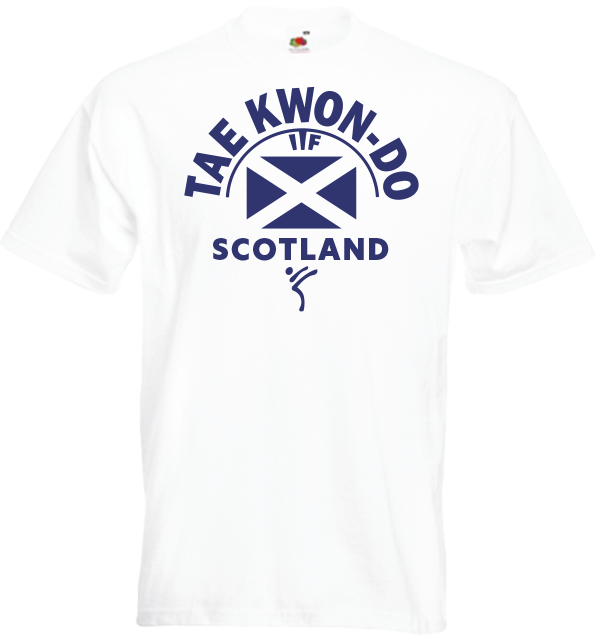 Scottish ITF Taekwondo T-shirt Blue Flock on White T-shirt